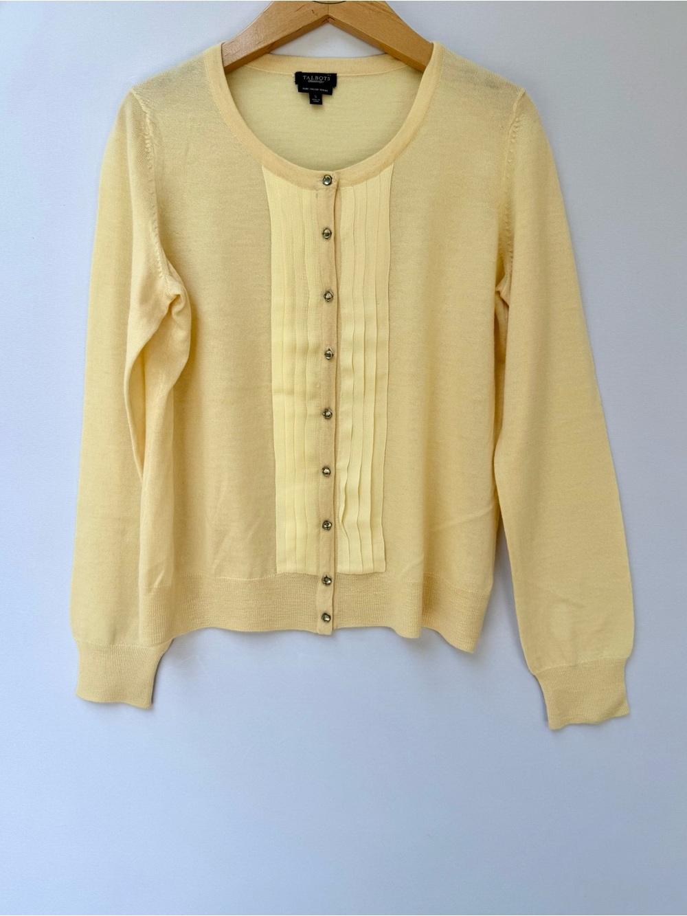 Talbots Merino Cardigan Pale Yellow Pintuck Pleated Front Button Sweater Small